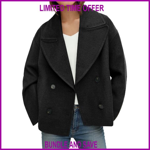 Jackets & Blazers - Cropped Wool Blend Pea Coat Double Breasted Notched Lapel Overcoat